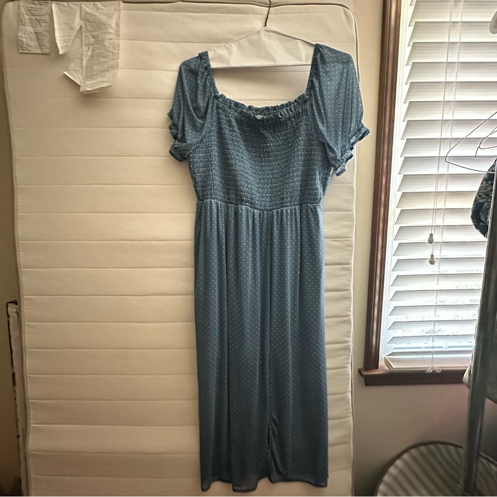 Blue and white polka dot, off the shoulder dress, size XL